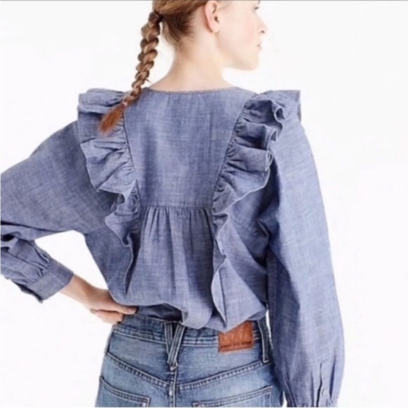 J. Crew Chambray Ruffled Front Cottage Blouse w/ Button Accent Cotton Size 10 - Picture 4 of 7
